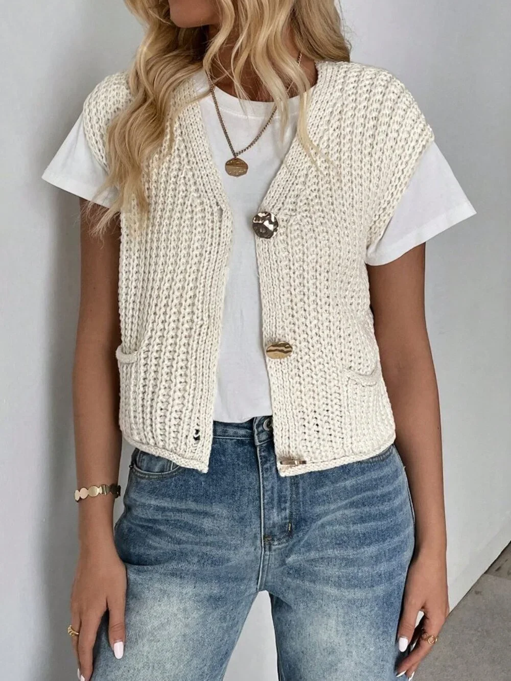 Apricot Casual Women's V-Neck Ribbed Knitted Cardigan Sweater Vest